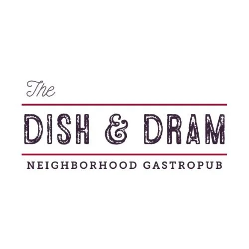 The Dish & Dram Neighborhood Gastropub logo with modern typography on light background.