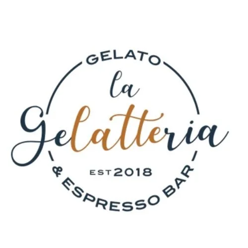 La Gelatteria logo featuring circular design with “Gelato, la Gelatteria & Espresso Bar, est. 2018” in elegant script and modern typography.