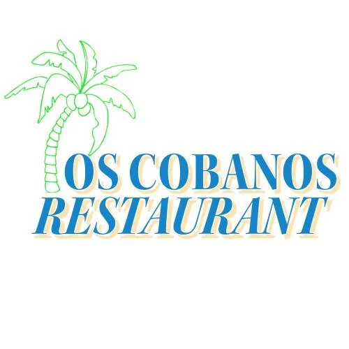 lOs Cobanos Restaurant logo with palm tree graphic and blue/gold lettering on light background.