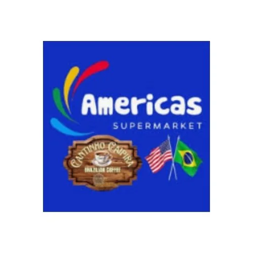Americas Supermarket logo with colorful swoosh design on blue background, featuring Brazilian market branding, wood-style badge, and U.S. and Brazil flags.