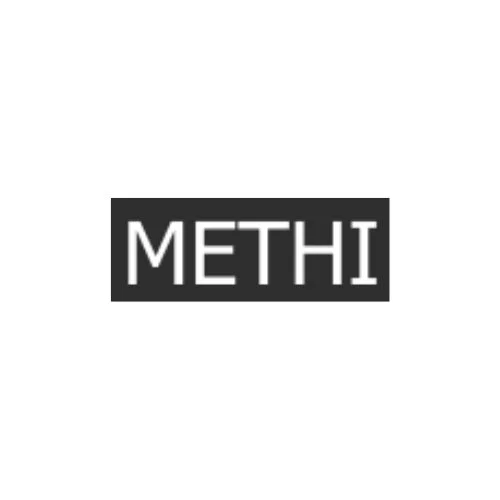 Methi logo with simple black rectangular background and white uppercase lettering in a clean, modern font.