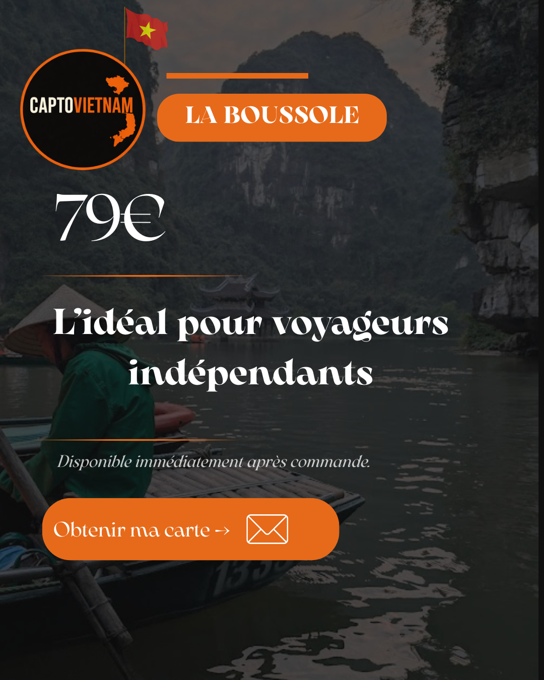 A travel advertisement for La Boussoule in Vietnam, priced at 79 euros, with a background of a river scene featuring a boat with a person in traditional Vietnamese clothing, surrounded by limestone cliffs and greenery.