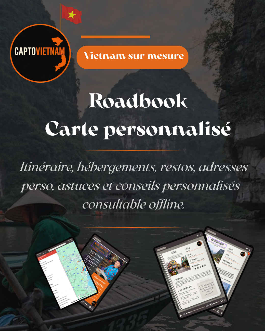 Cover of a travel guidebook titled 'Roadbook Carte personnalisé' with details about itineraries, accommodations, rest stops, addresses, tips, and personalized advice, featuring images of a map and a traveler on the water amid scenic karst mountains.
