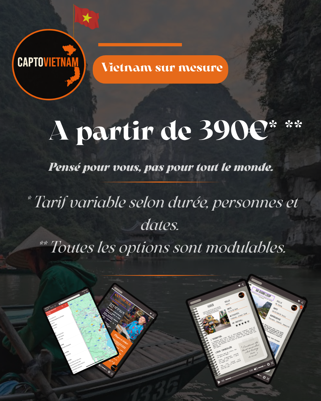 Advertisement for custom Vietnam travel tours starting at 390 euros, featuring a background image of a person in a boat on a river surrounded by karst mountains, with a Vietnamese flag and images of smartphones showing maps, reviews, and itineraries.