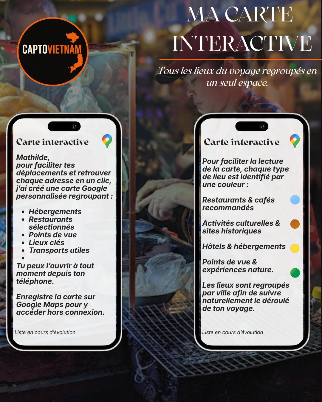 Promotional poster for CAPTOVIETNAM's interactive travel map app, showing smartphones displaying instructions in French for creating and using personalized travel maps with color codes for different types of locations like restaurants, cultural sites, hotels, viewpoints, and cities.