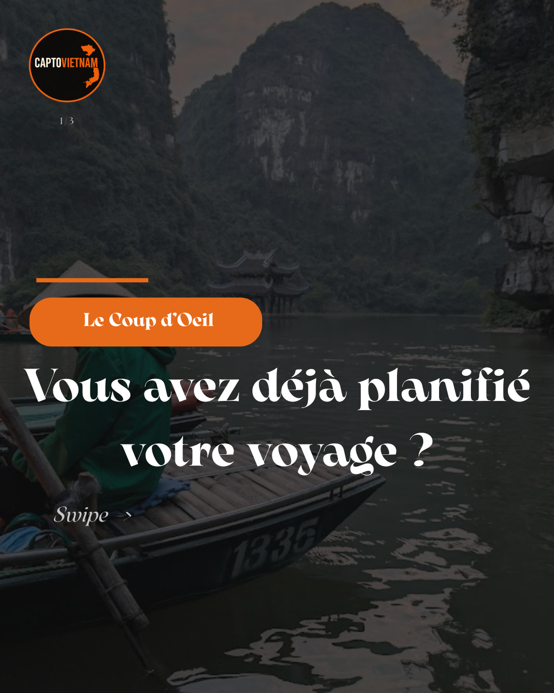A person sitting in a boat on a river surrounded by mountains and a traditional pavilion in Vietnam, with overlay text in French asking if they have already planned their trip.
