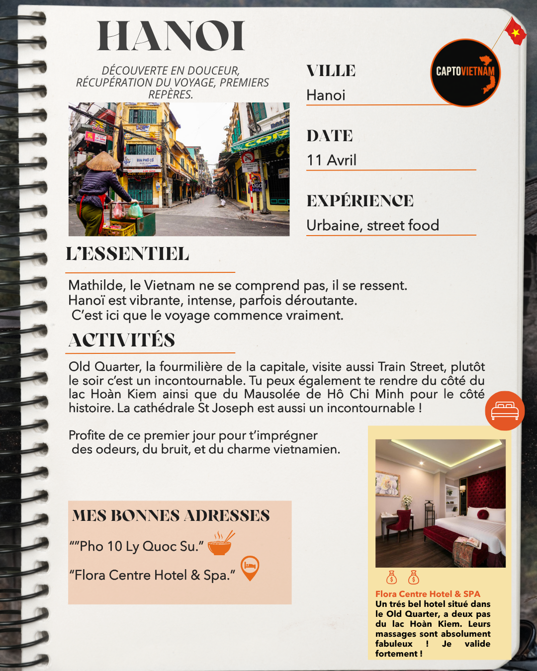 Travel journal page about Hanoi, Vietnam, with a street photo, experience details, activities, addresses, and a hotel image.