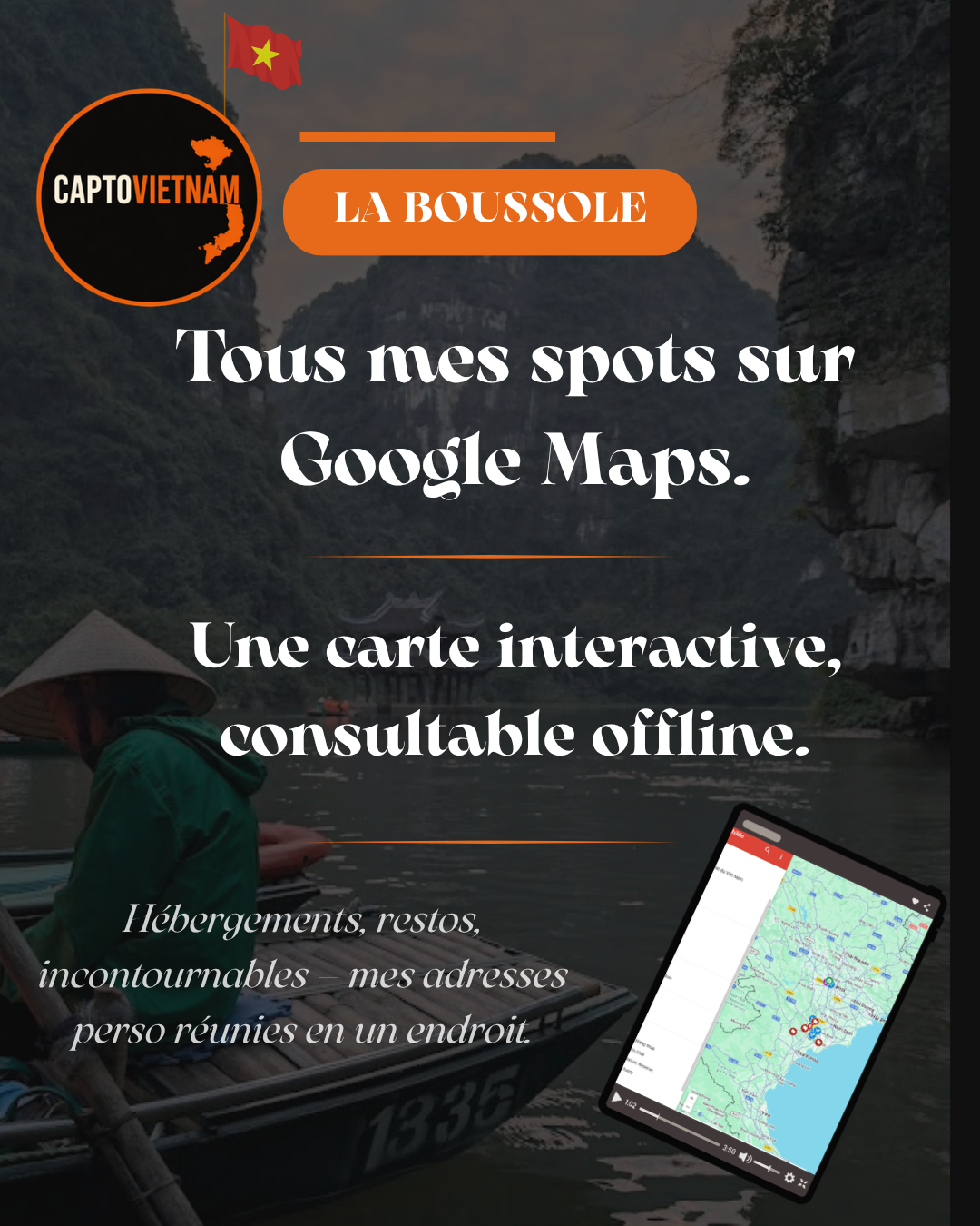 Promotional graphic for La Boussole, a travel map service in Vietnam, featuring a background photo of a river and mountainous landscape with a person in a traditional conical hat on a boat, and an overlay of a map on a tablet. The graphic includes text in French and the Vietnam flag.