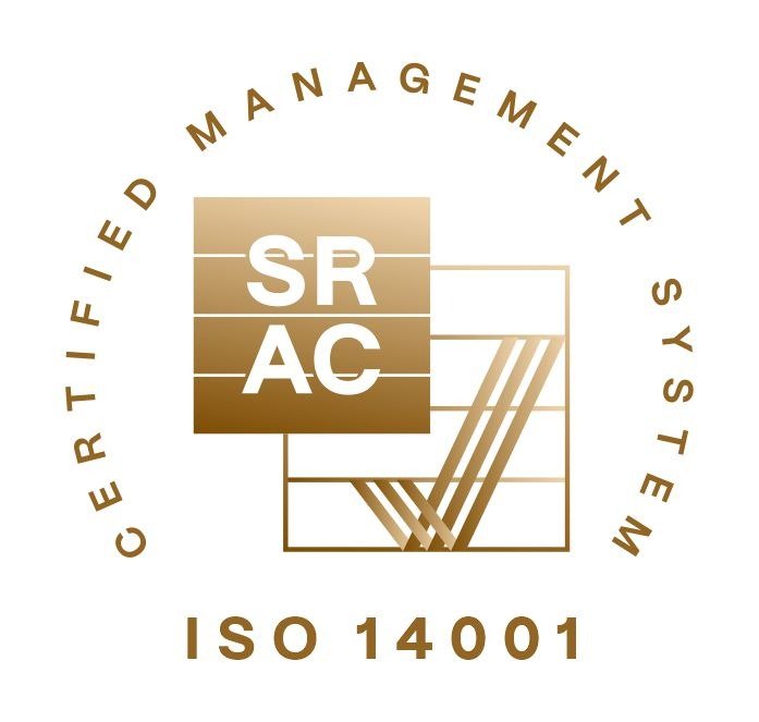 Logo of Certified Management System ISO 14001, featuring the letters SR and AC inside a square, with circular text surrounding it.