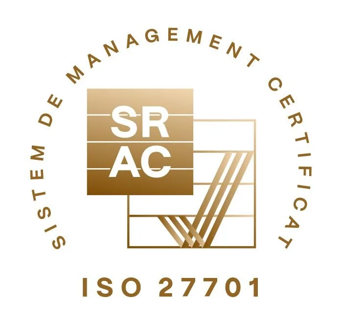 Logo of the Sistemi de Management Certificat, ISO 27701, with the acronym SRAC in the center and geometric lines and blocks in shades of gold.
