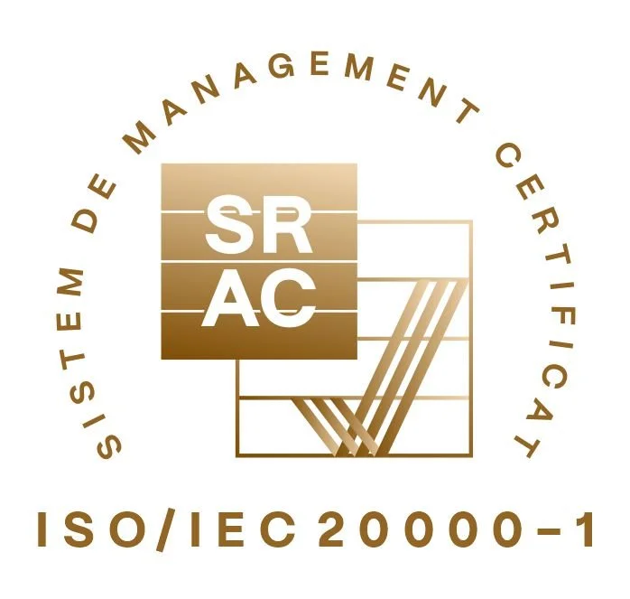 Logo for System De Management Certificat, featuring the acronym SRAC with stylized design and the text ISO/IEC 20000-1 beneath, arranged in a circular pattern.