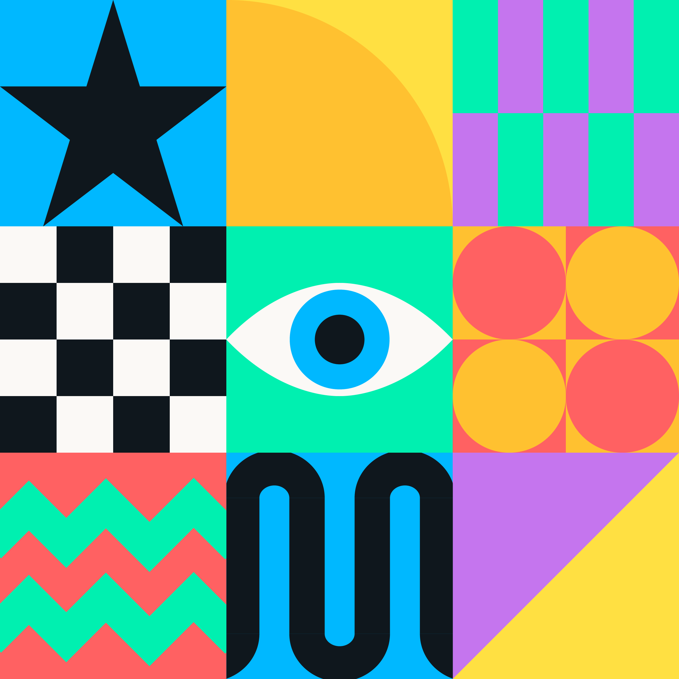 Colorful mosaic of clean geometric shapes, reminiscant of creative drill design: patterns, lines, squiggles, stars, and an all-seeing eye for detail