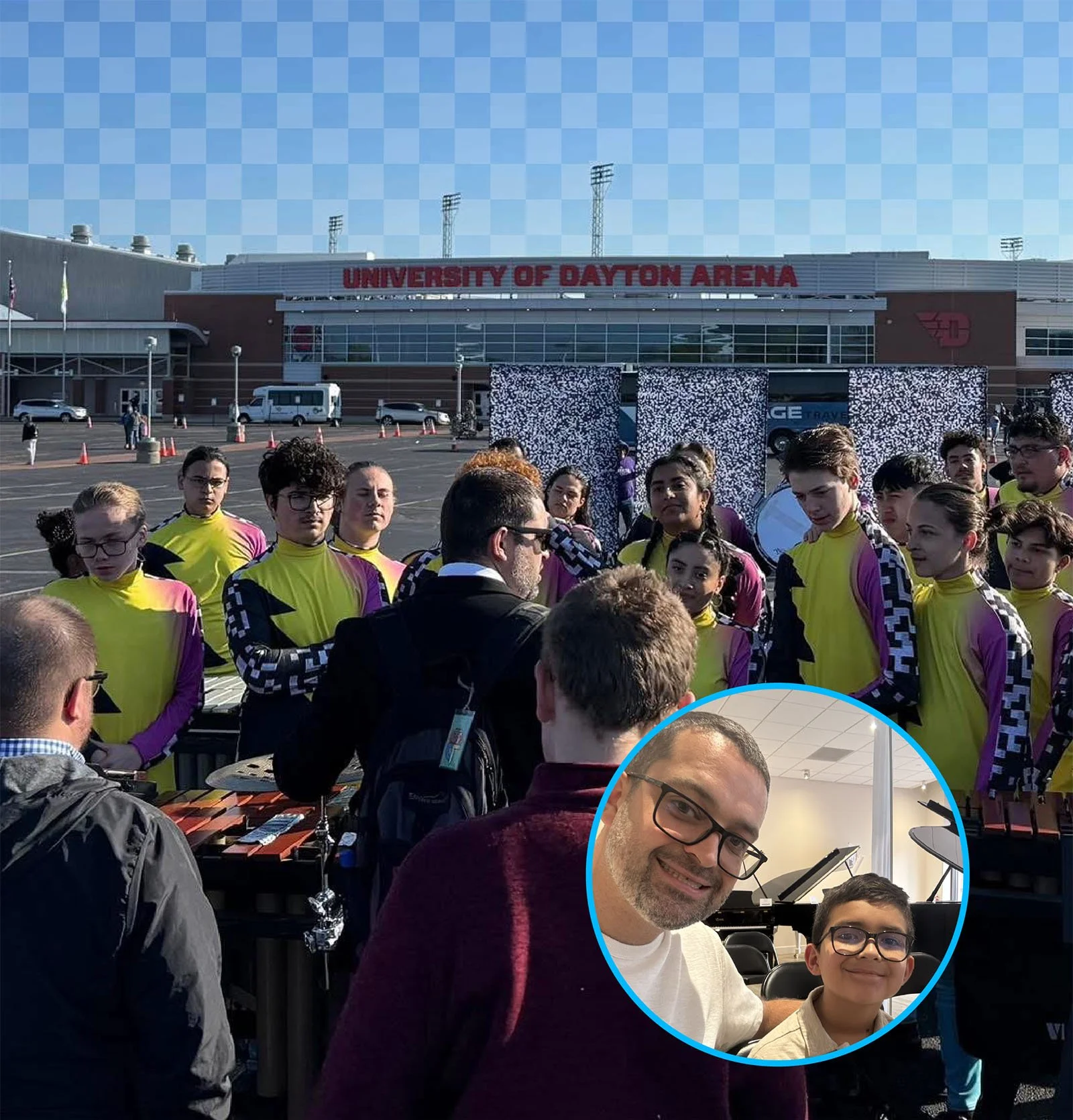 Educator and drill designer Ryan Miller addressing his performers at WGI Championships in Dayton, overlaid by a picture of Ryan with his son in a room with pianos