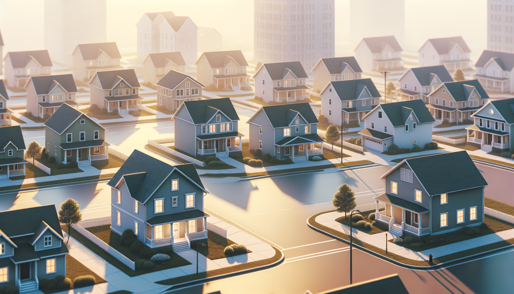 Model of a suburban neighborhood with multiple houses, trees, streets, and a few streetlights, bathed in warm sunlight.