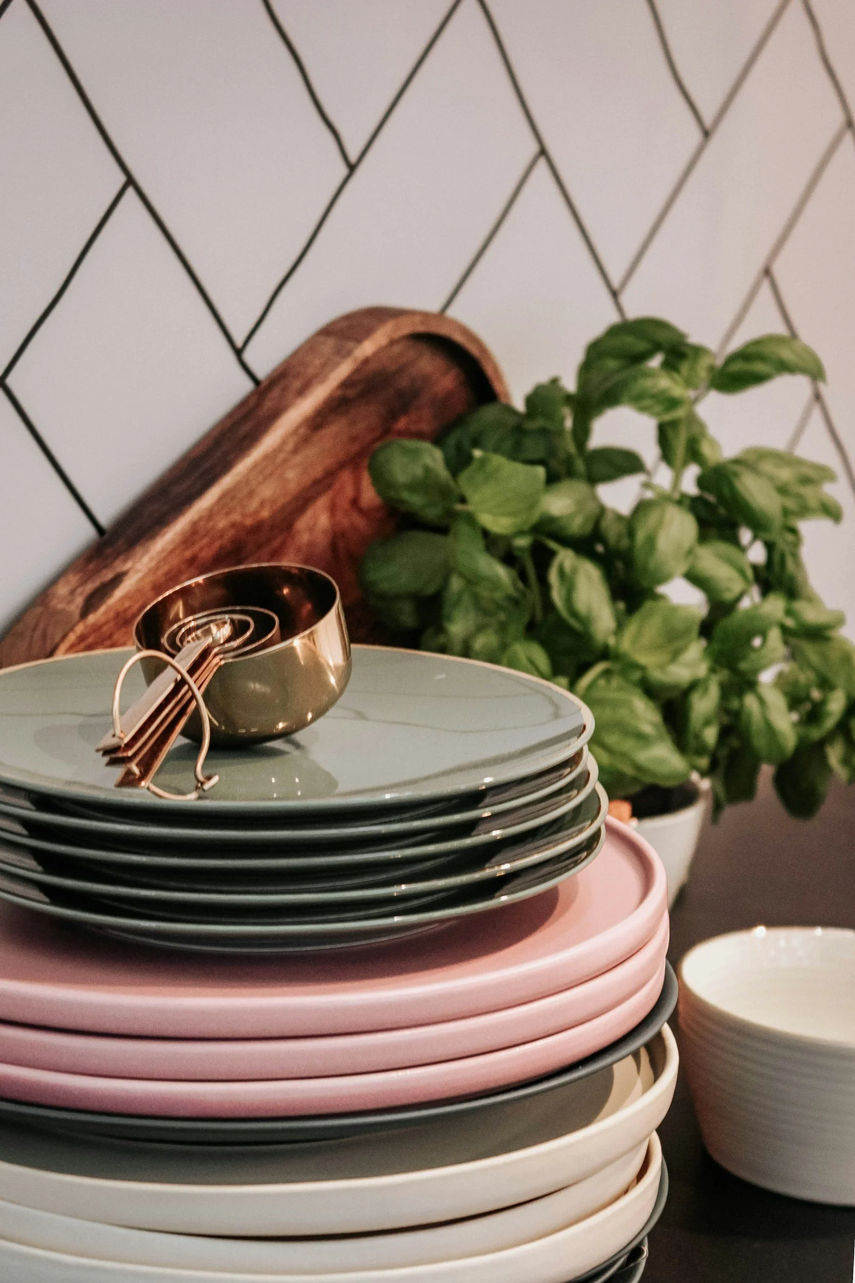 Stacked plates in shades of black, pink, beige, and white with a small pink bowl and a copper-colored measuring cup on top, a wooden cutting board, and a potted green plant in the background.