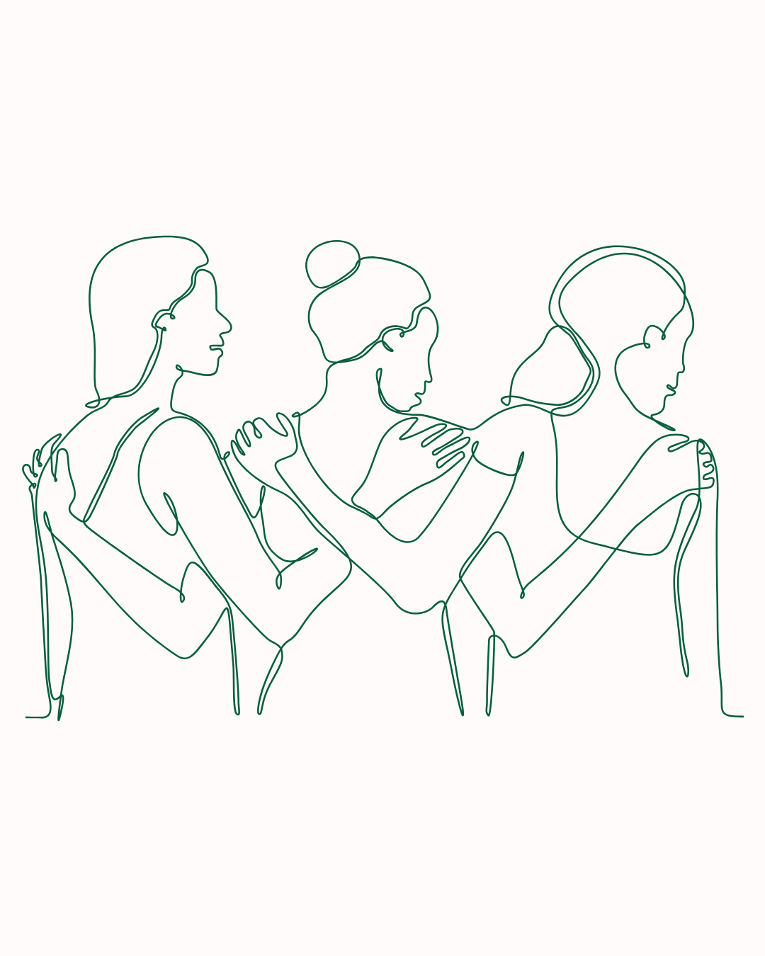 Line drawing of four women in a line, each with different hairstyles, holding hands or touching each other's shoulders, depicting a supportive or caring connection.