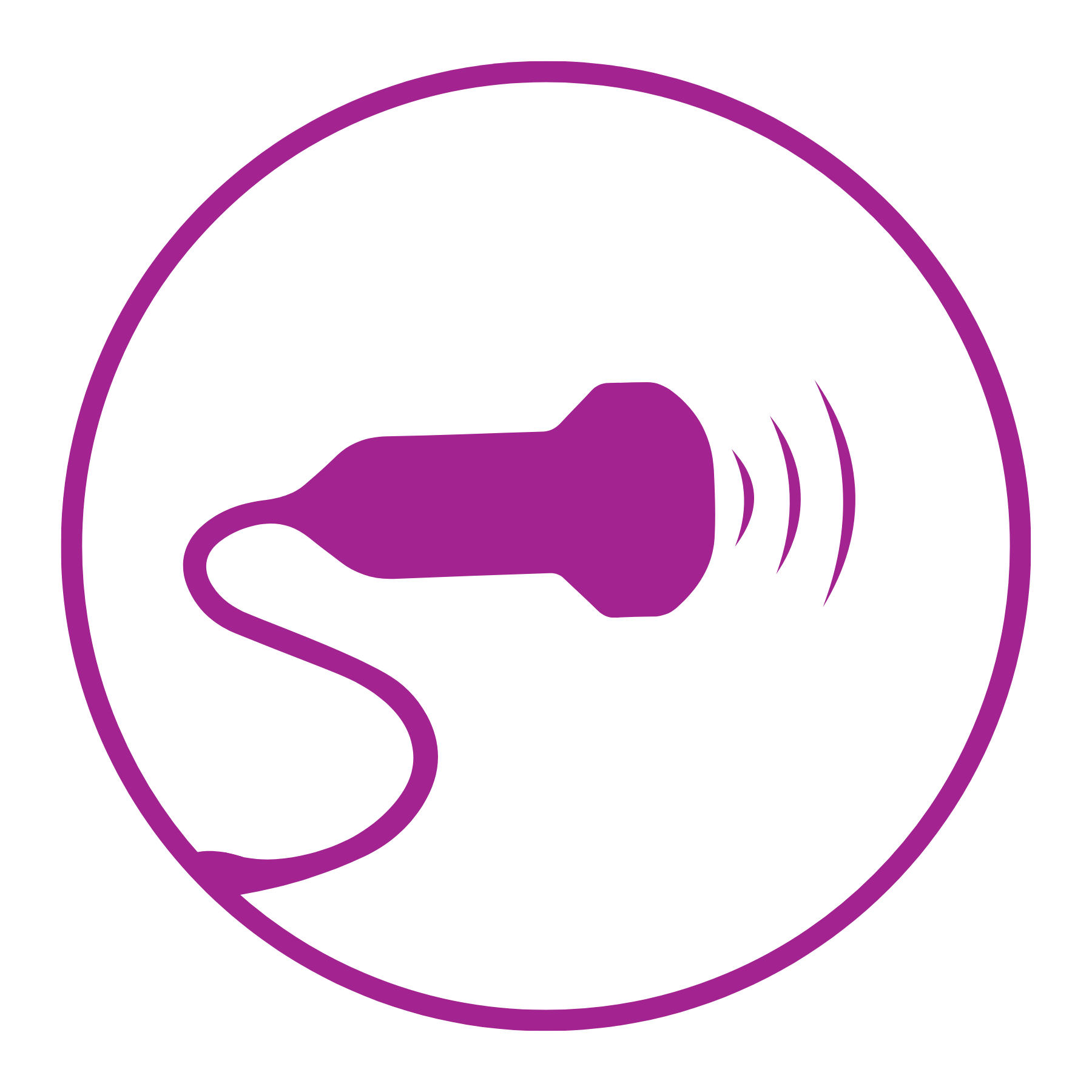 A purple outline of a megaphone with sound waves emanating from it, within a purple circular border.
