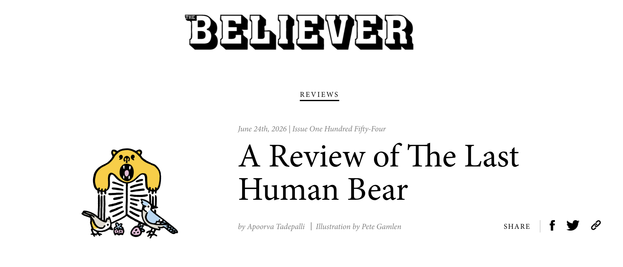 The Believer reviews The Last Human Bear