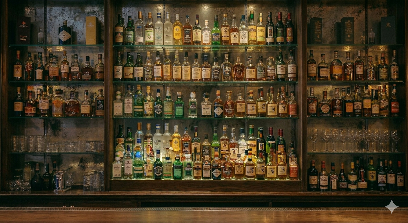 A well-stocked bar with various bottles of liquor displayed on glass shelves behind a wooden counter.
