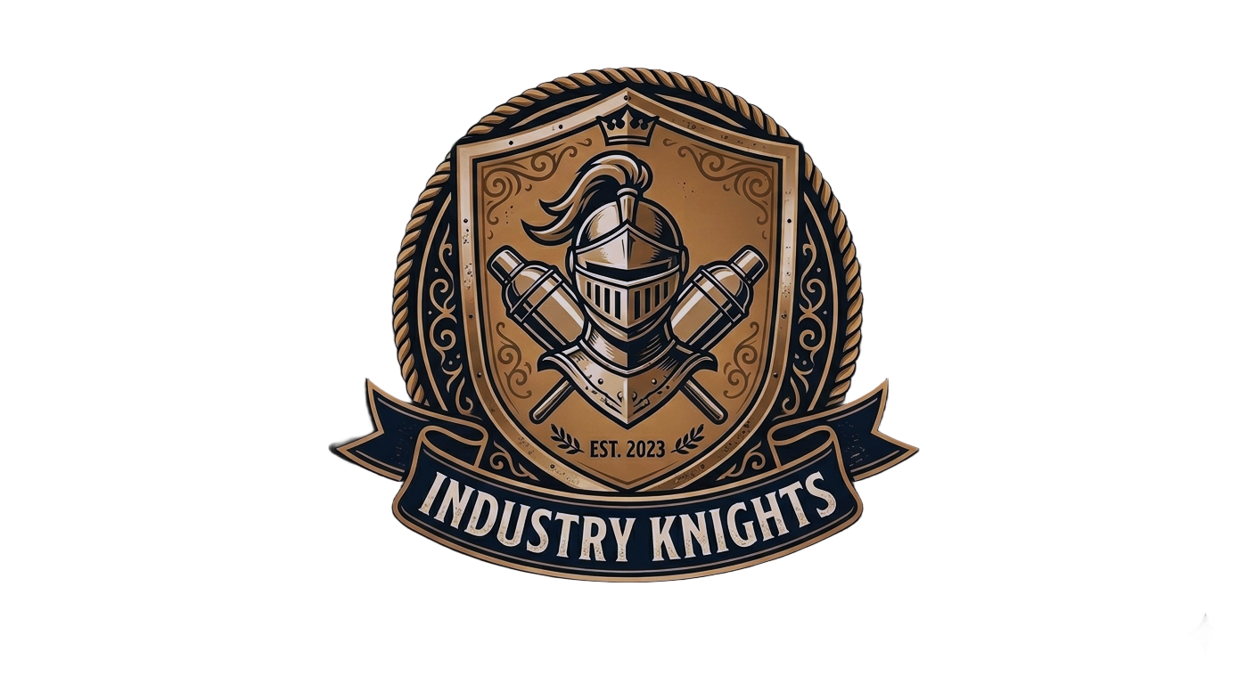 A logo featuring a shield with a knight's helmet, crossed bottles behind, a crown, and a ribbon banner with "Industry Knights" and "Est. 2023" on it.
