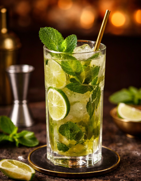A tall glass of mojito with mint leaves, lime slices, ice, and a gold straw, on a dark wooden surface with blurred background lights. Bartenders in Niagara