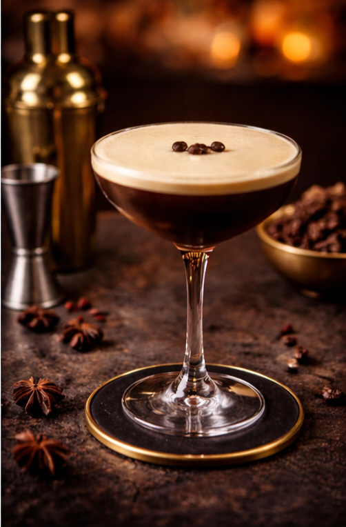 A coffee martini with coffee beans on top, in a coupe glass on a dark surface with star anise, a gold cocktail shaker, and a bowl of coffee beans in the background. Bartenders in Niagara