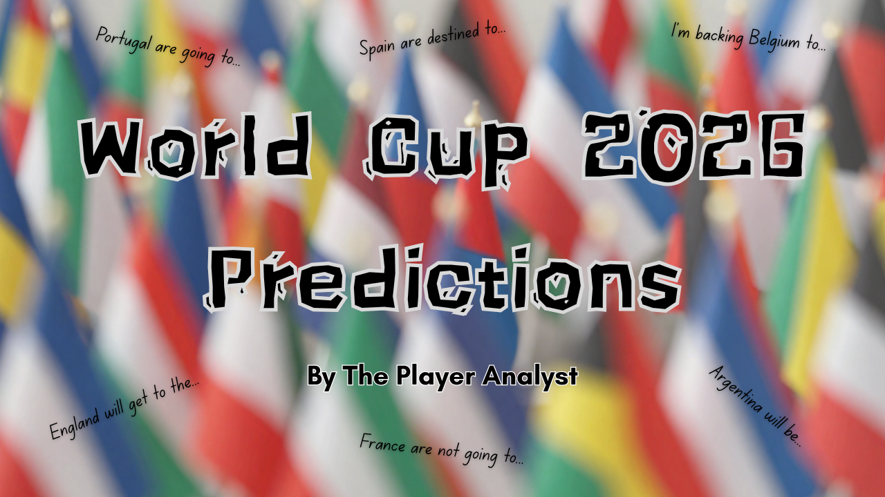 Colorful blurred flags from different countries behind text about World Cup 2026 predictions.