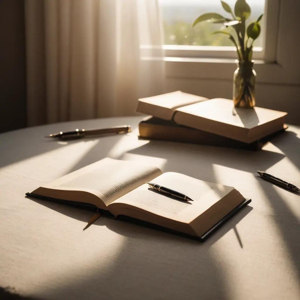 Open notebook with pen on a table, with closed books and a pen in the background, near a window with sunlight and a potted plant.