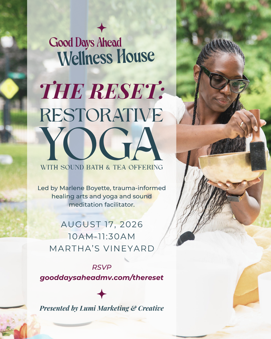 A woman with glasses and braids holding a singing bowl and mallet outdoors, promoting a wellness event about restorative yoga.