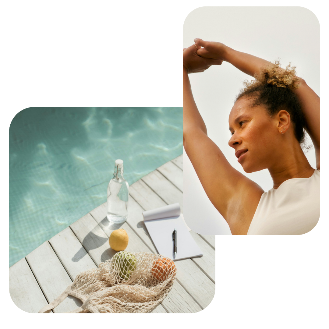 A woman with curly hair stretches her arms above her head outdoors with a clear sky background. Next to her, there is a pool with a wooden deck, a glass bottle, a notepad with a pen, and a mesh bag filled with fruit.