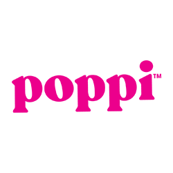Poppi logo in pink text on a black background