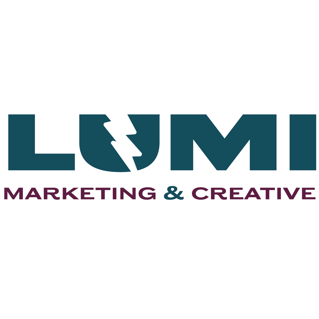 Logo with the text 'LUMI Marketing & Creative', featuring a stylized 'U' with a lightning bolt, in dark blue, purple, and black colors.
