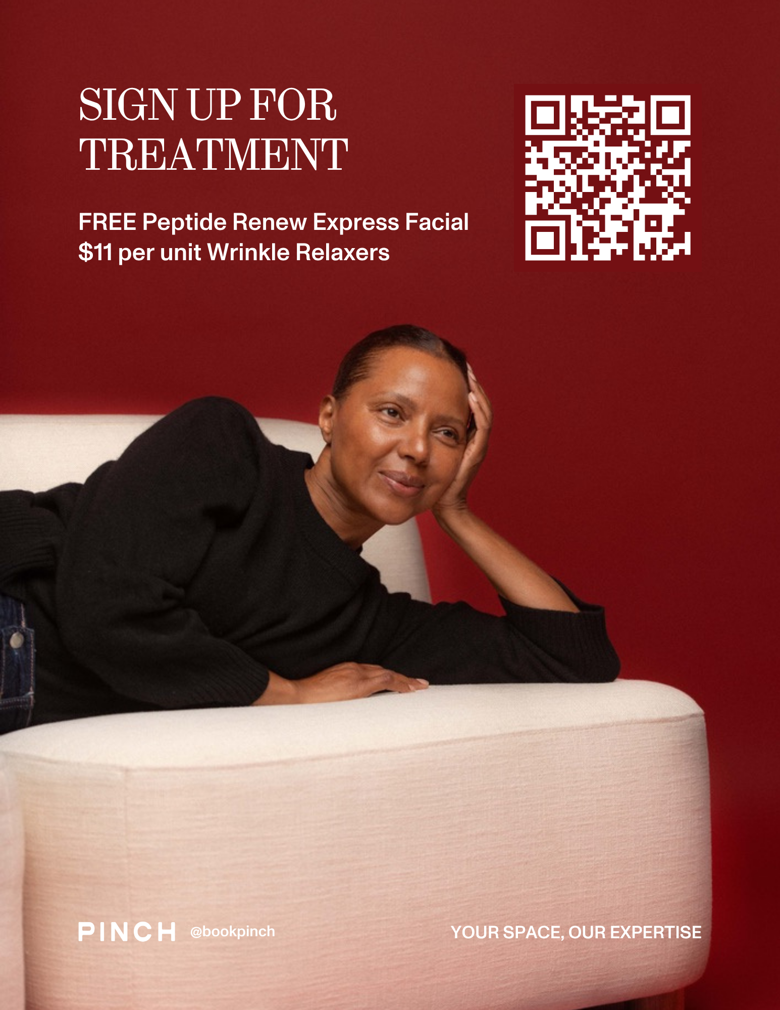 A woman with short hair lying on a beige sofa against a red wall, with text advertising signing up for treatment, including a QR code, promotional offers, and branding for Pinch.