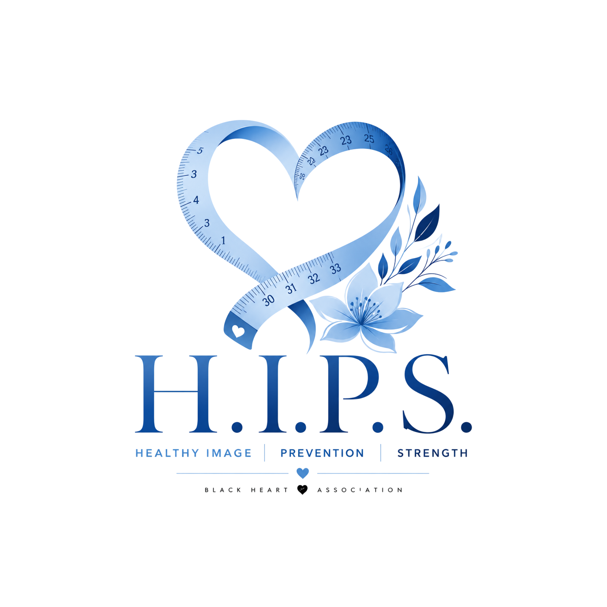 A graphic with a heart-shaped measuring tape, a pink flower, and supporting text promoting healthy image, prevention, and strength in the fight against heart health issues.