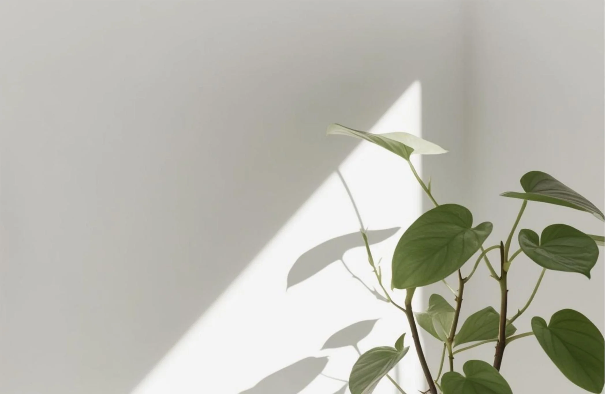 A houseplant with green leaves casting shadows on a white wall.