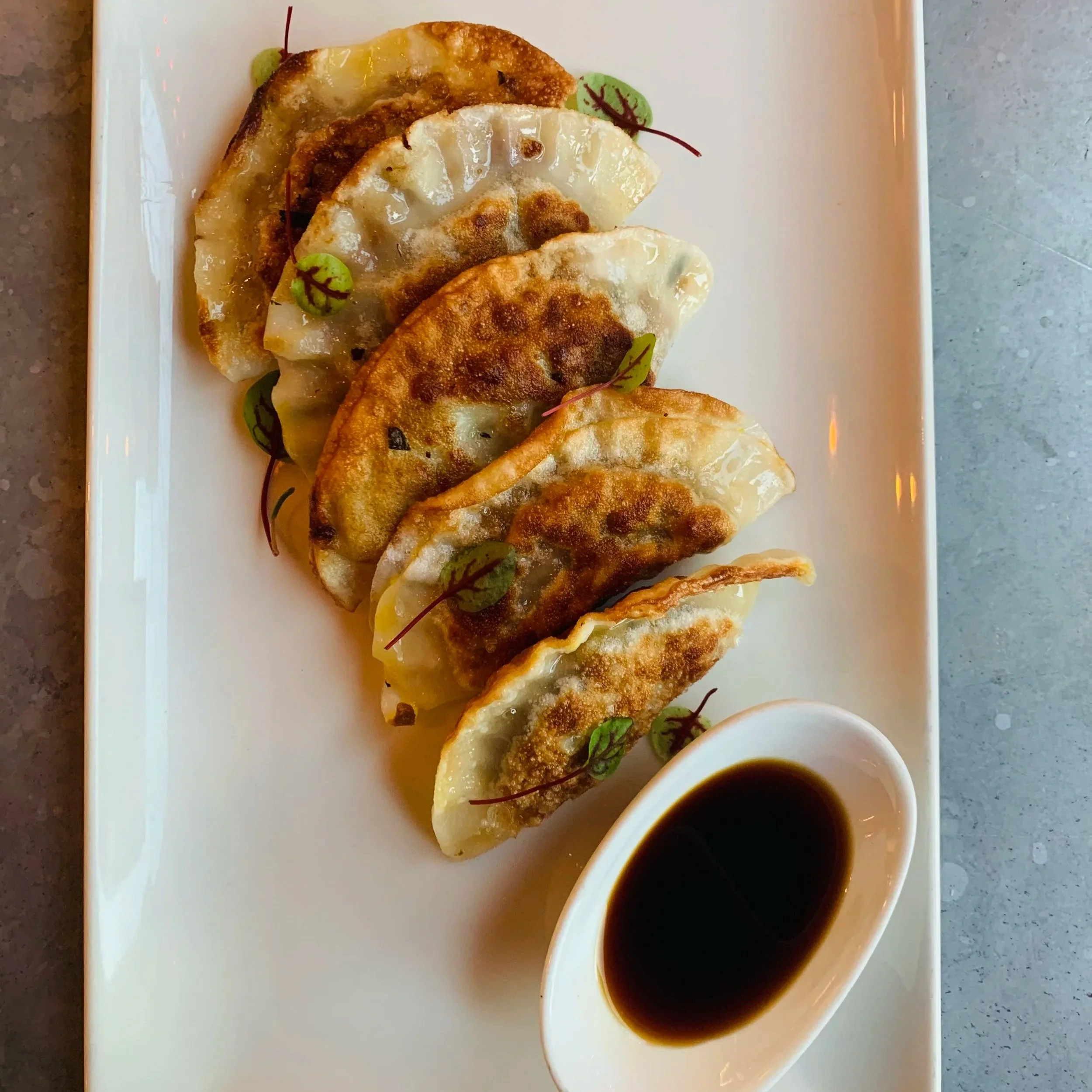 Six pan-fried dumplings arranged in a line on a rectangular white plate, garnished with microgreens, with a small container of dark soy sauce on the side.