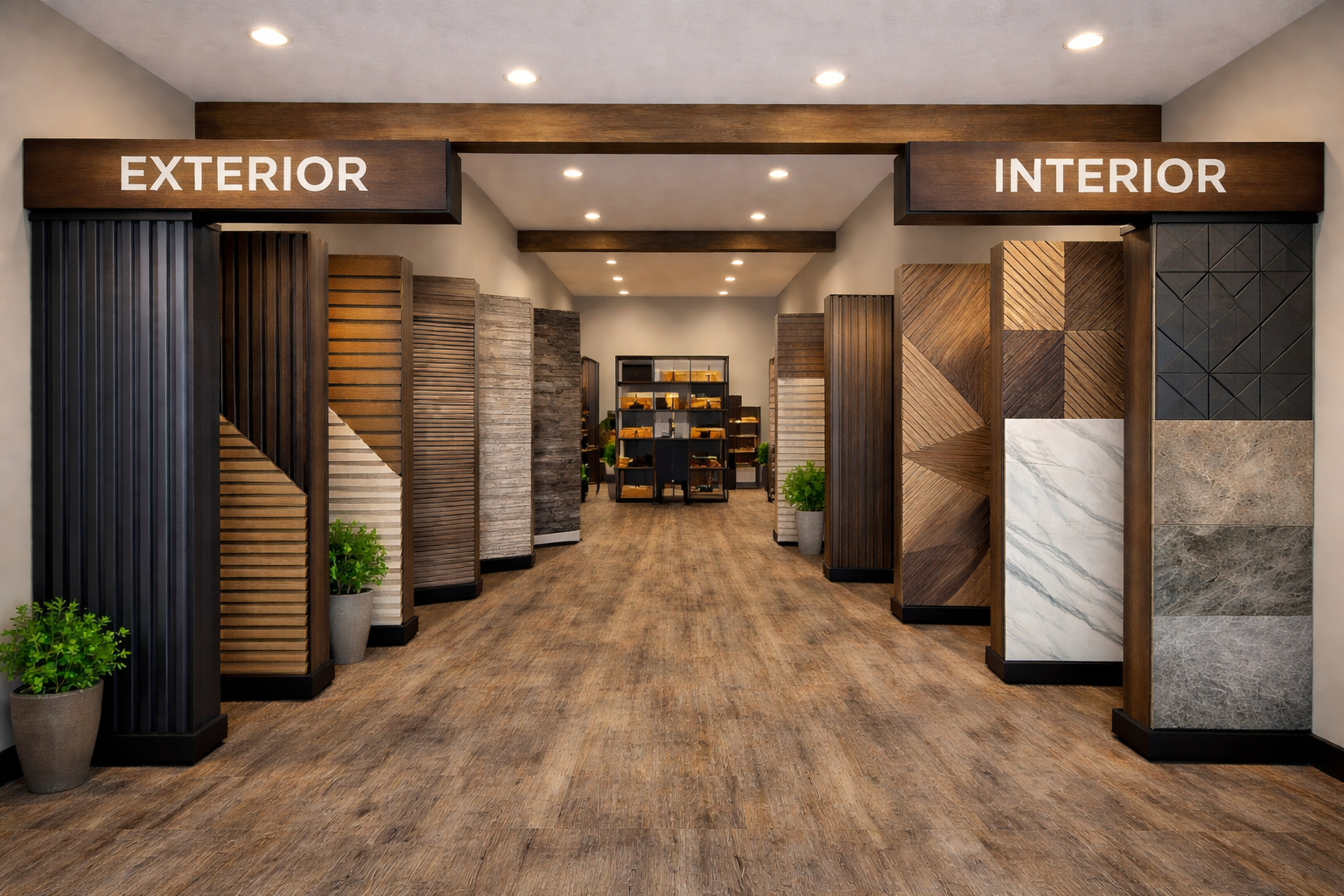 Showroom with wooden and stone wall samples on display, marked by signs 'Exterior' on the left and 'Interior' on the right.