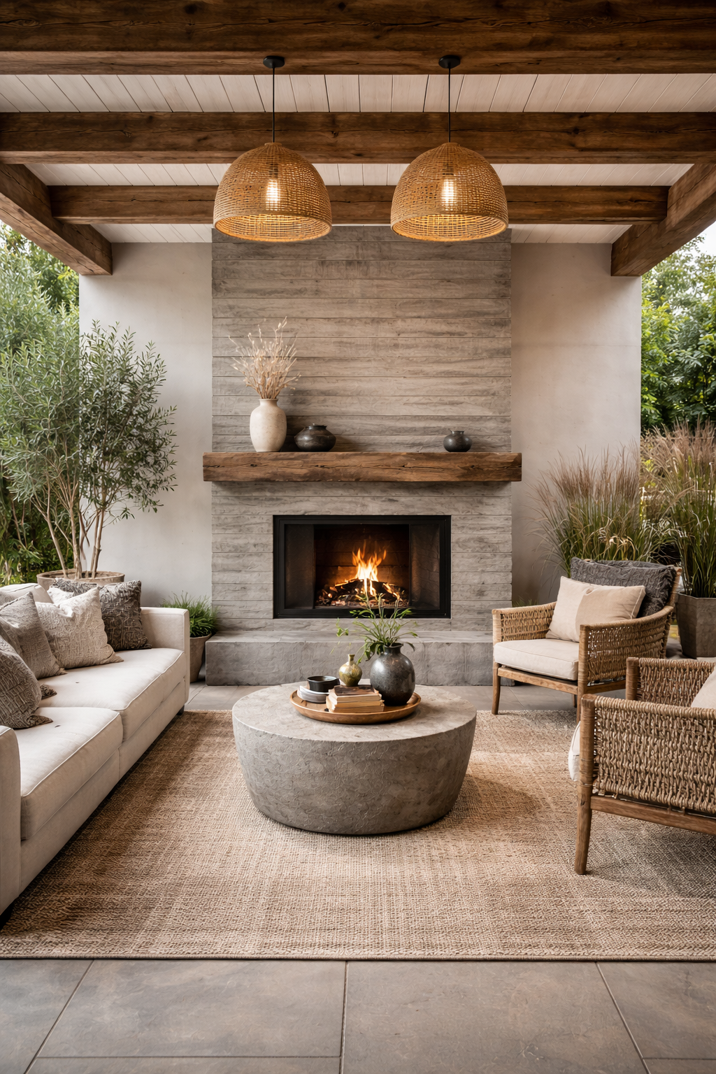 Indoor living room with a modern stone fireplace, wooden mantel, and a fire burning. There are wicker pendant lights overhead, a white sofa with cushions, and a round stone coffee table with decorative items. Potted plants flank the fireplace, and la