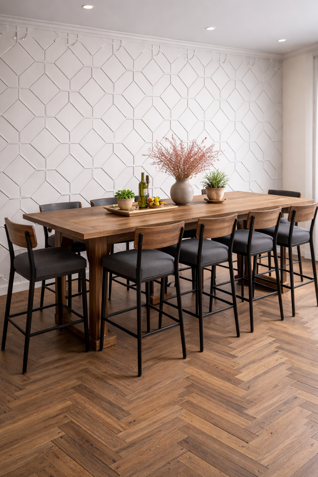 Dining room with a wooden table, eight chairs, and decorative plants and bottles on the table. White patterned wall in the background. Hardwood floor.