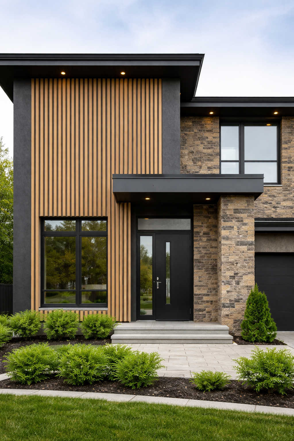Modern house with a black front door, large windows, brick and wood exterior, and green landscaping.