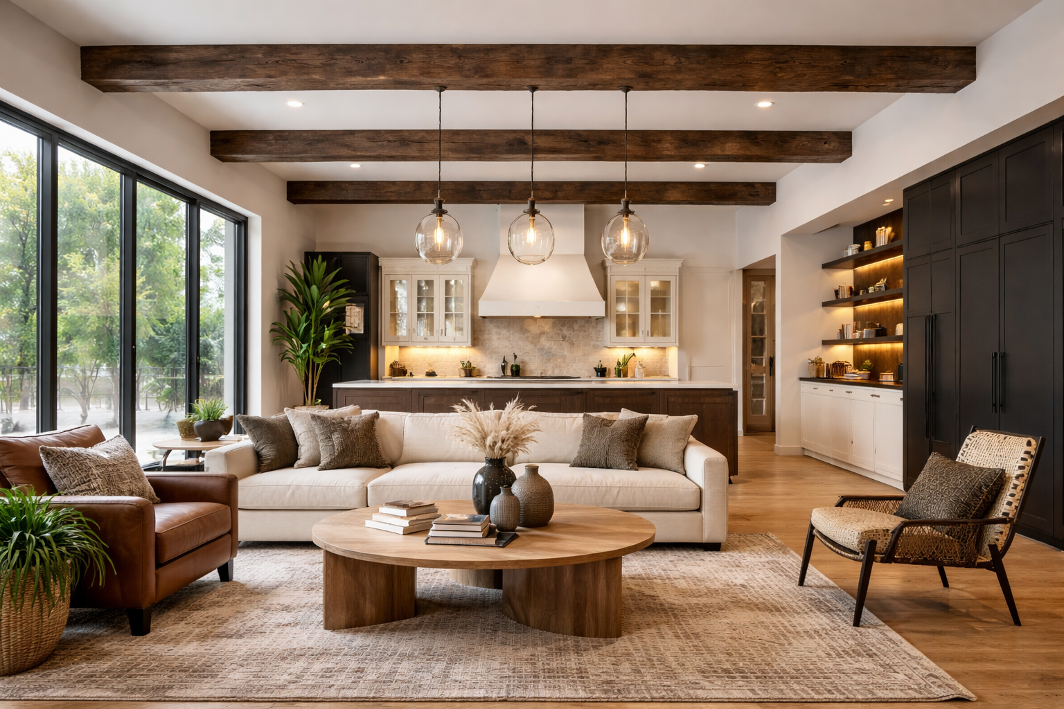 Living room with large windows, white sofa, brown leather armchair, wooden coffee table with decorative vases, area rug, open kitchen with dark and light cabinetry, glass-front cabinets, pendant lights, and wooden beams on ceiling.