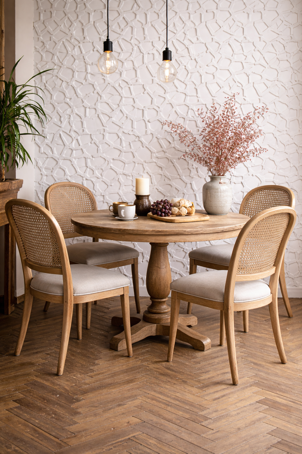 A round wooden dining table with four beige upholstered chairs in a room with wooden flooring and a textured white wall. The table has a candle, cups, grapes, bread rolls, and a large vase with pink dried flowers. Two hanging light bulbs illuminate t