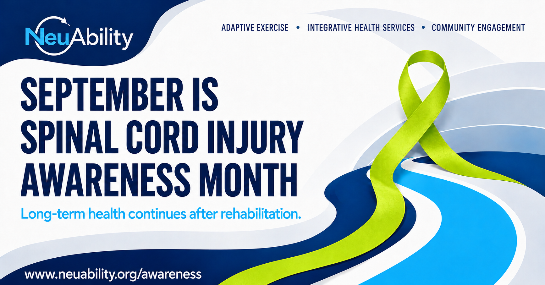 Graphic promoting September as Spinal Cord Injury Awareness Month with a green ribbon and text about long-term health after rehabilitation.