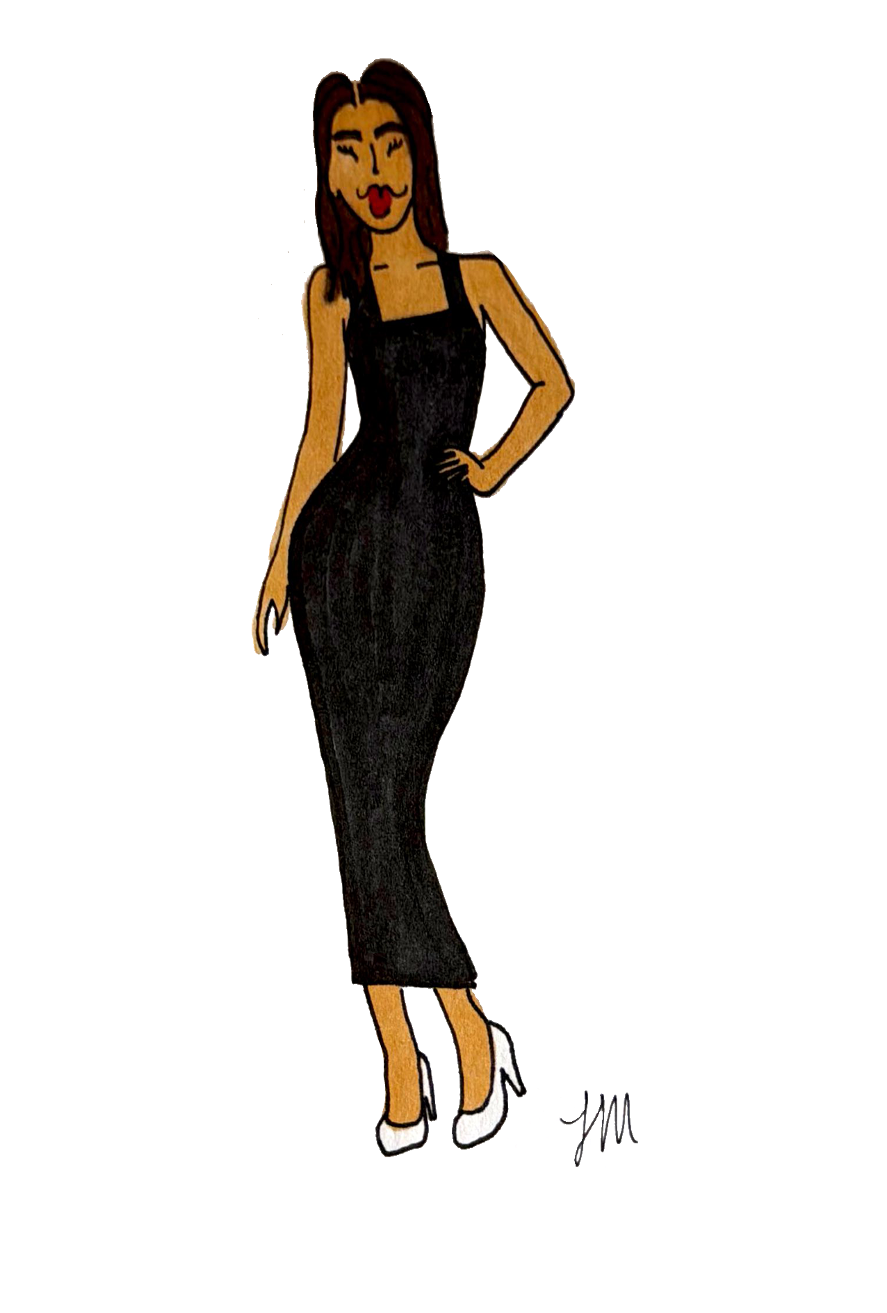 Drawing of a woman with long dark hair wearing a black sleeveless dress and white high heels, standing with one hand on her hip.