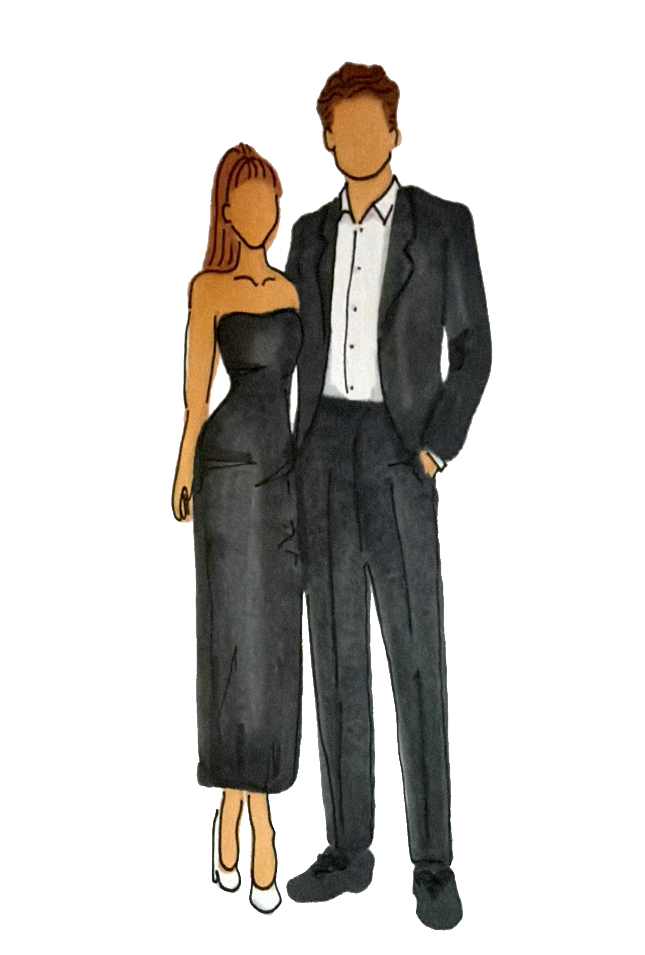 Illustration of a man and woman dressed in formal attire standing close together, with the woman in a strapless black dress and the man in a black suit with a white shirt.