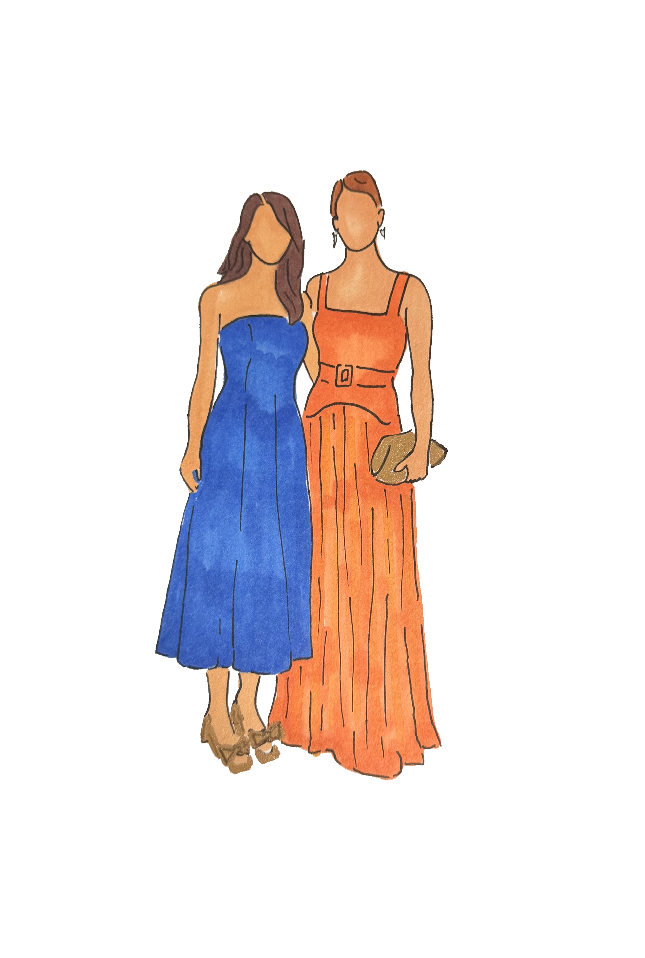 Illustration of two women dressed in elegant evening gowns, one in a strapless blue gown and the other in an orange dress with a belt, holding a clutch purse.
