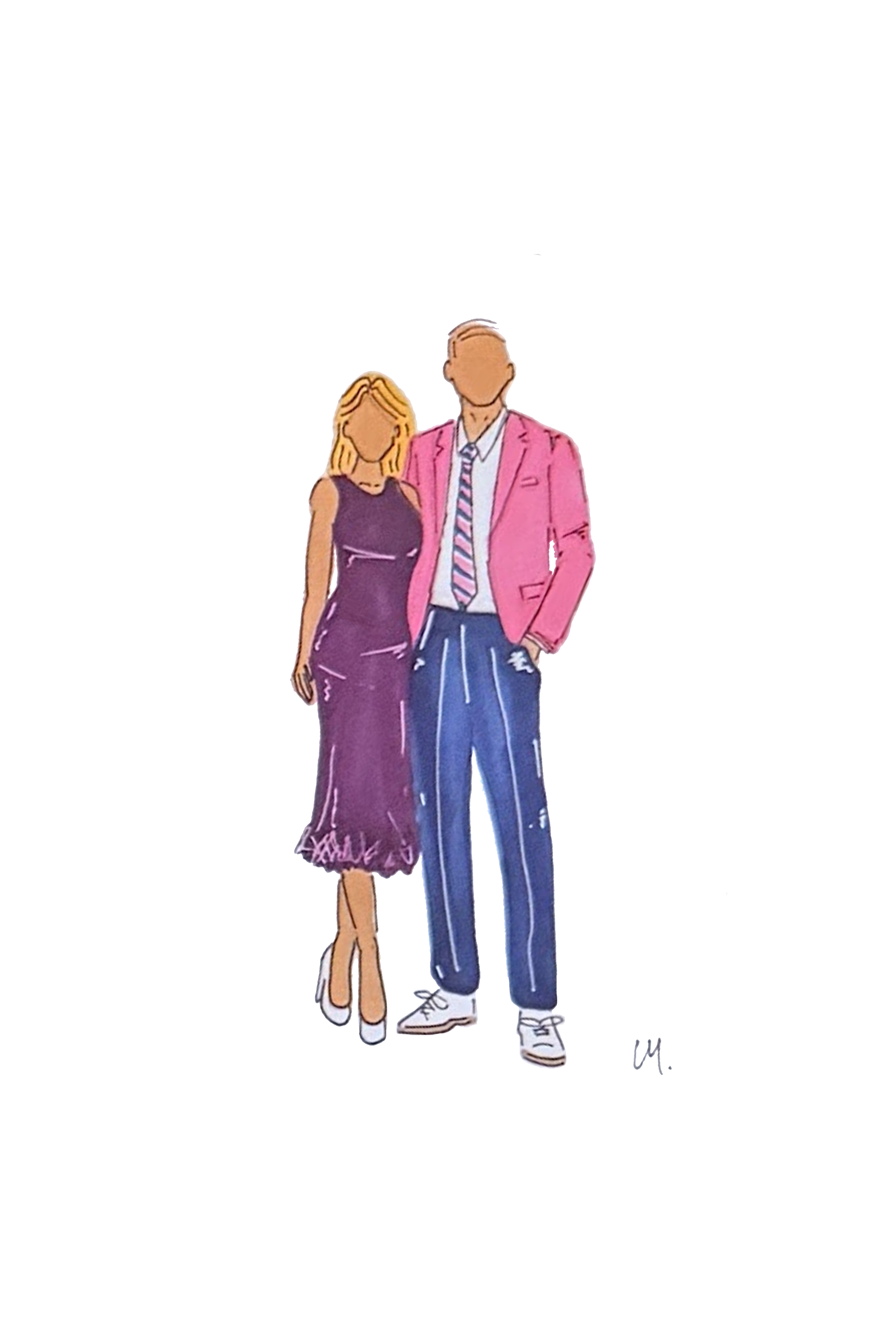 Illustration of a stylish man and woman standing close together, both facing forward with faceless features. The woman wears a purple dress and white heels, and has blonde hair. The man wears a pink blazer, striped tie, blue striped pants, and white 