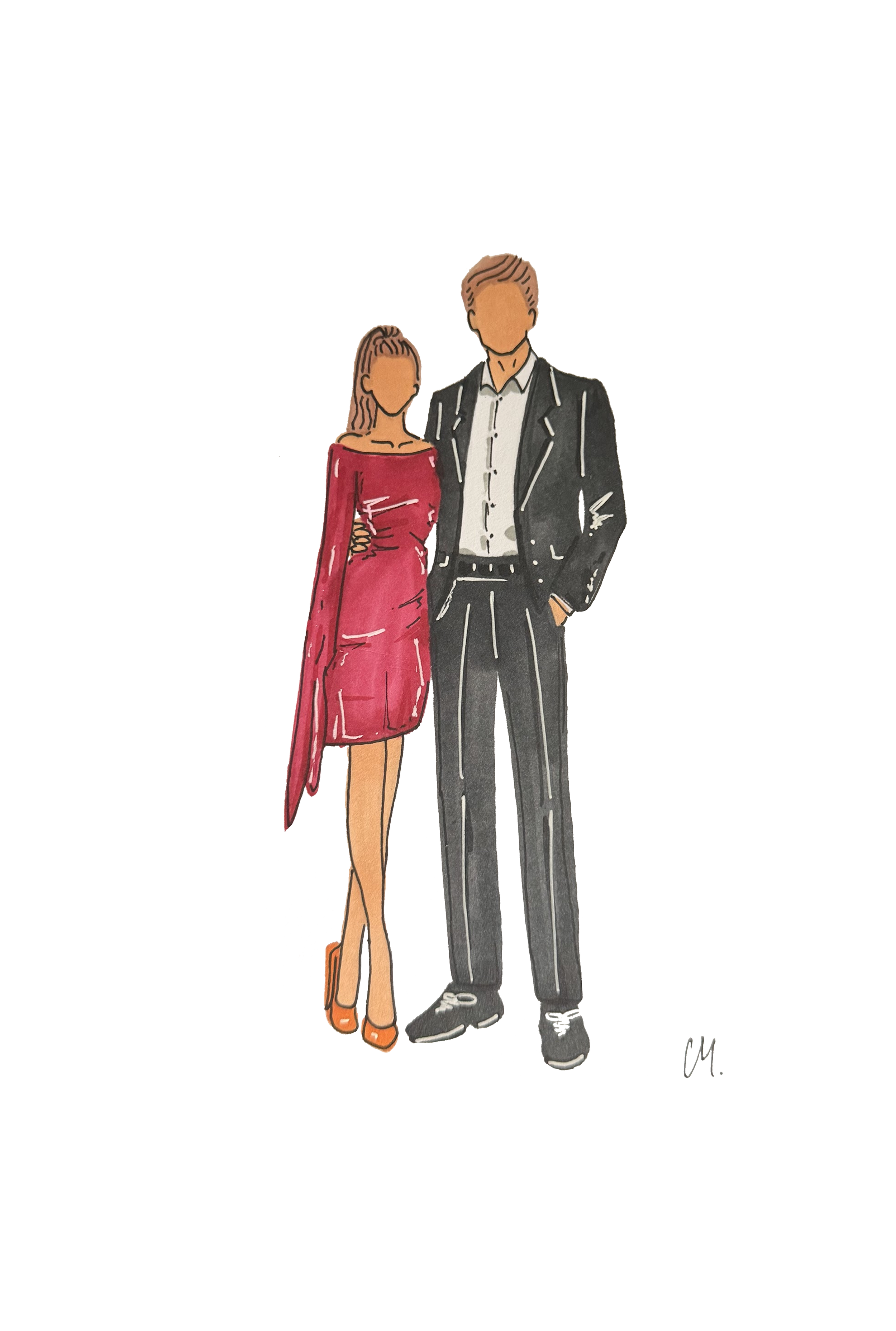 Illustration of a man and a woman standing together, dressed in formal attire. The woman is wearing a red dress with an asymmetrical hem and red heels. The man is in a black suit with white pinstripes, a white shirt, and gray shoes.