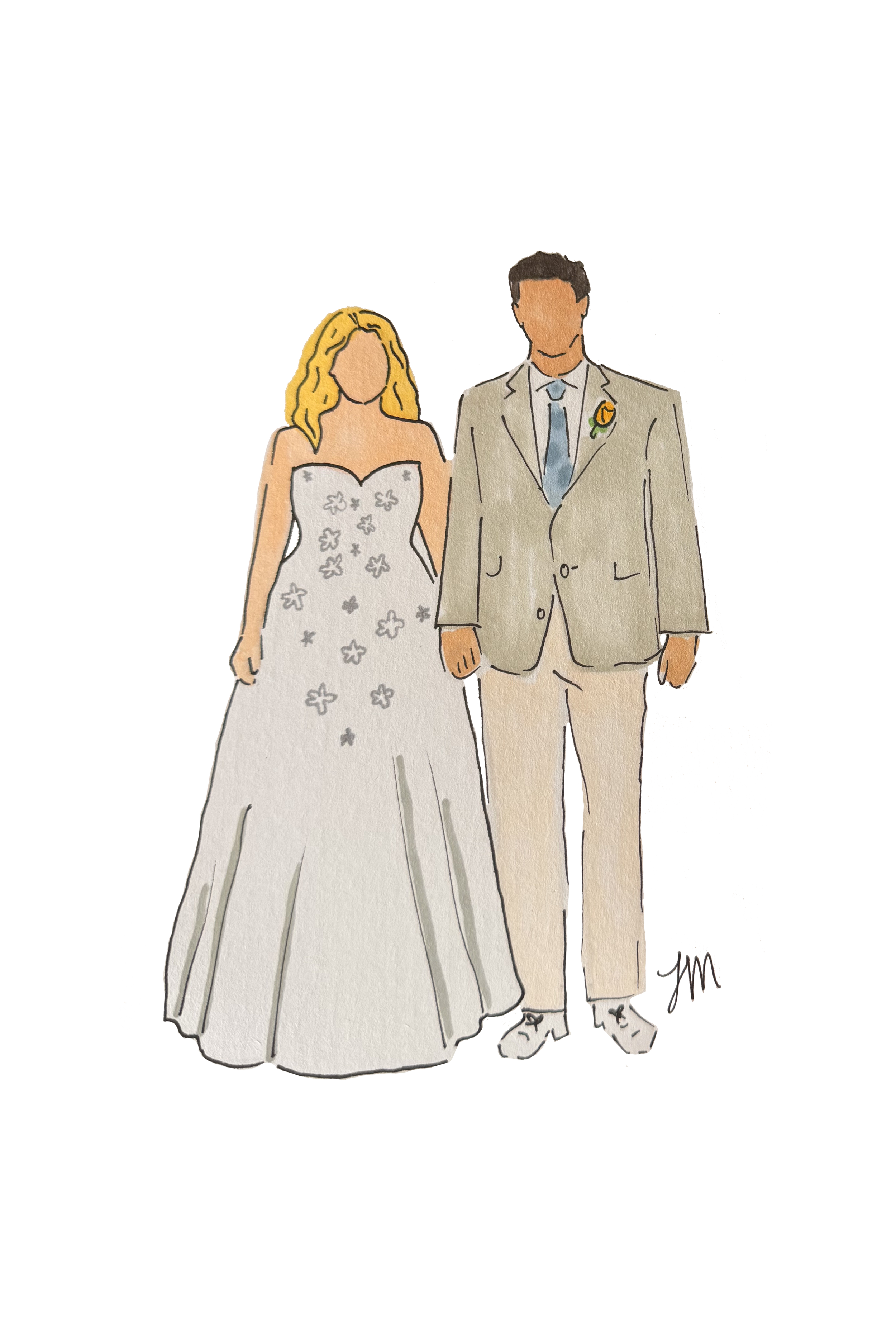 A watercolor illustration of a couple dressed in wedding attire, standing together indoors.
