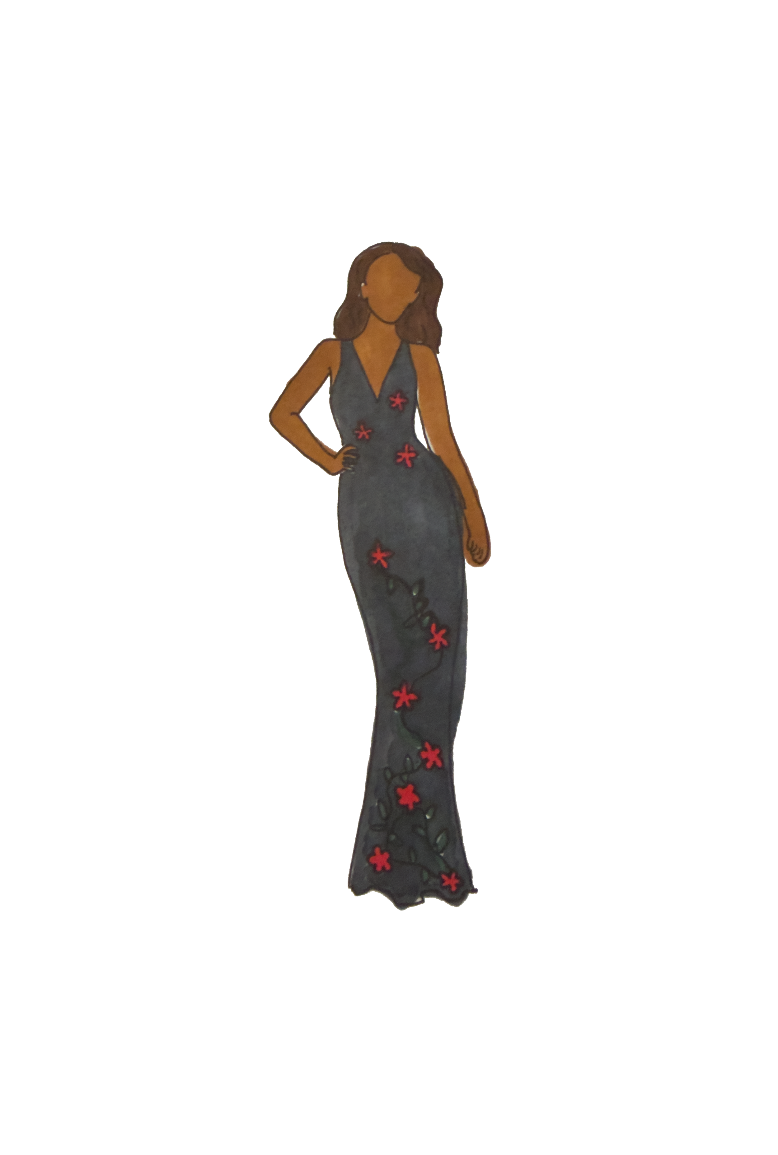 Illustration of a woman with medium-length brown hair in a gray sleeveless gown decorated with red flowers.
